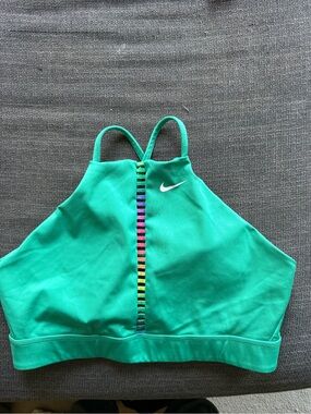 Nike Teal Green High-Neck Sports Bra with Rainbow Detail